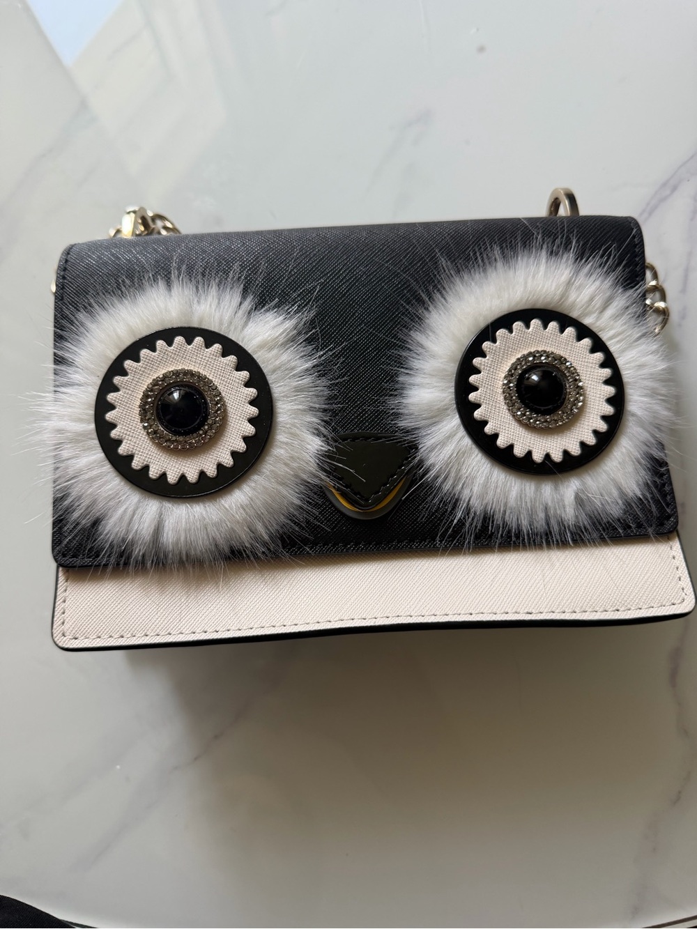 Kate Spade Penguin Black and Cream Faux-Fur Accent Crossbody with Chain Strap